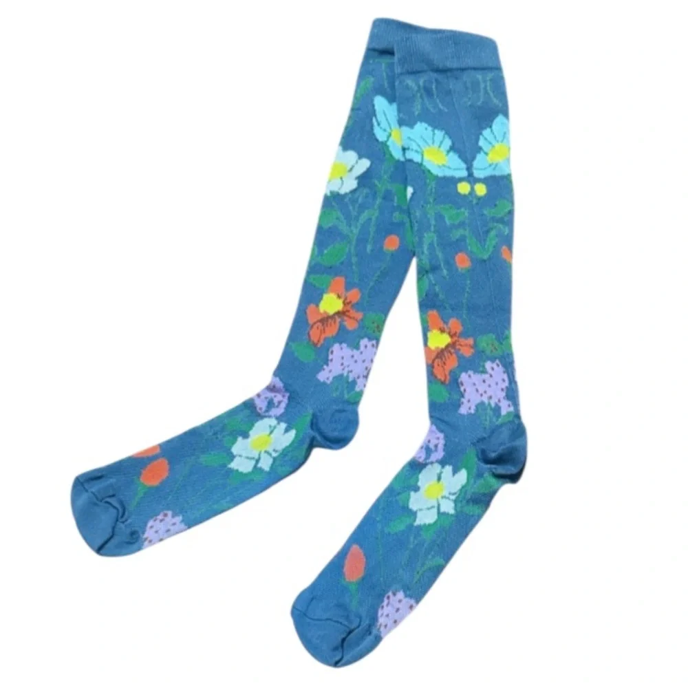 Dark gray colorful floral print knee high compression socks